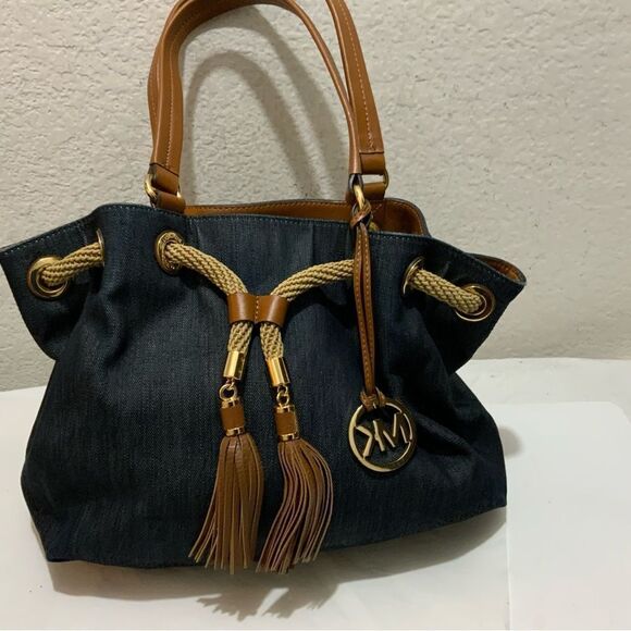 Michael Kors Marina Large Tie Navy Drawstring Bucket Canvas Leather Bag Rare - Picture 4 of 15